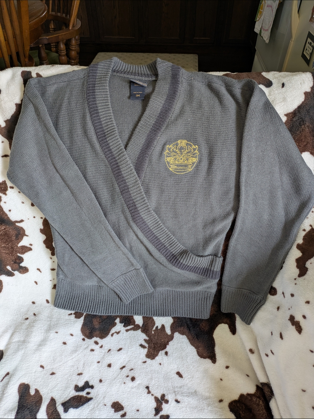 Outlander Women's Gray V-Neck Wrap Sweater with Embroidered Crest